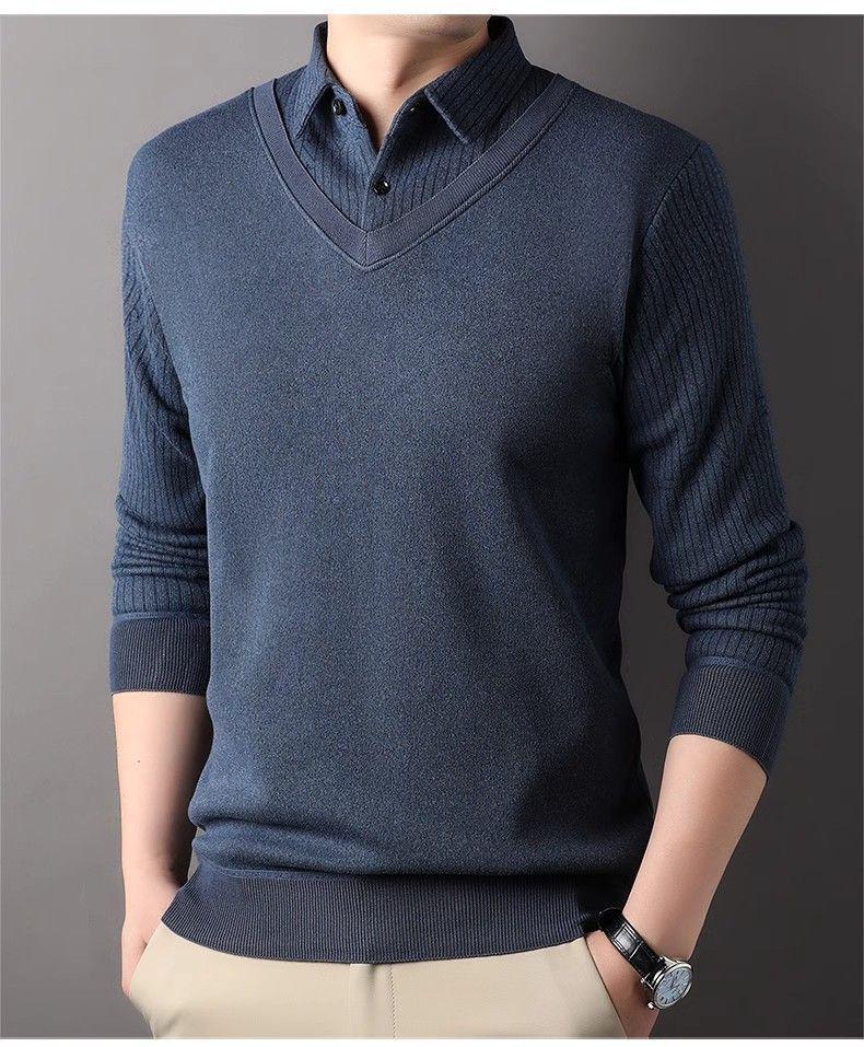 Men's Faux Two-Piece Lapel Knit Sweater - Thermal Velvet Base Layer for Autumn/Winter