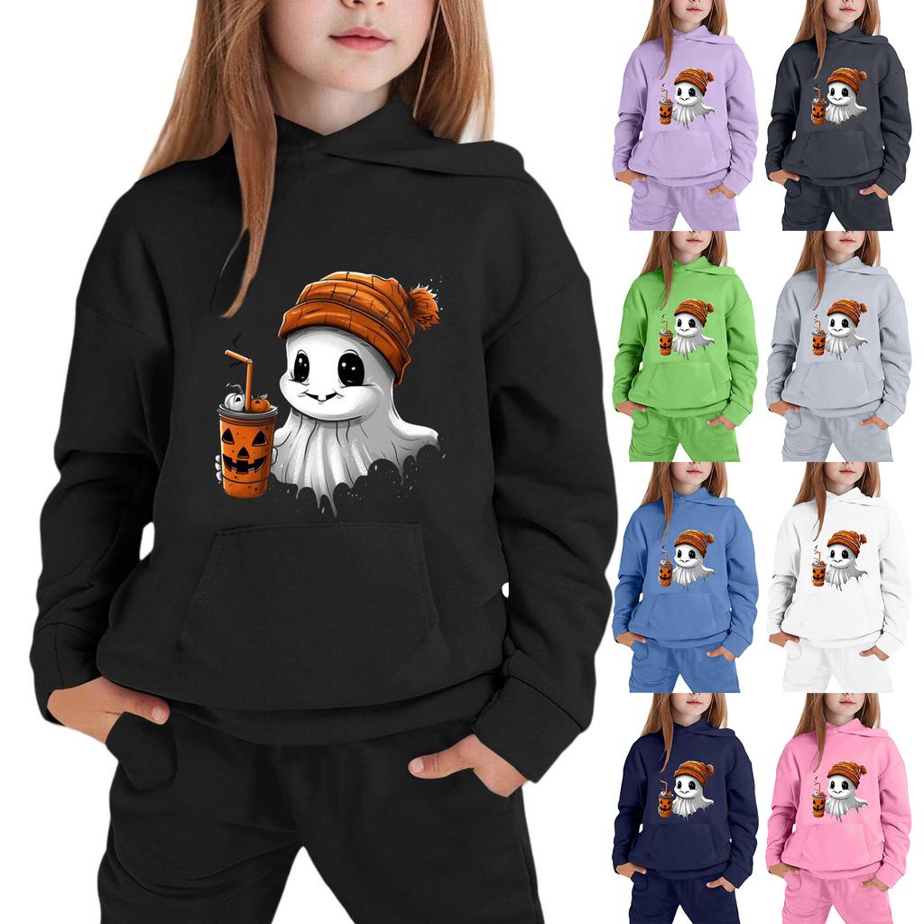 Kids Halloween Hoodie Pullover Sweatshirt with Ghost and Pumpkin Drink Print Lightweight Long Sleeve Hooded Top for Boys Girls