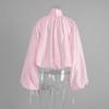Frühling Sommer Neu Damen Durchsichtiges Ballonärmel Raffung Rüsche Stehkragen Langarm Bluse, Europäischer Amerikanischer Stil Freizeit Lässiges Hemd Top