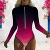 Women Plus Size High Neck Long Sleeve One Piece Swimsuit Front Zip Galaxy Print Black Teal Gold