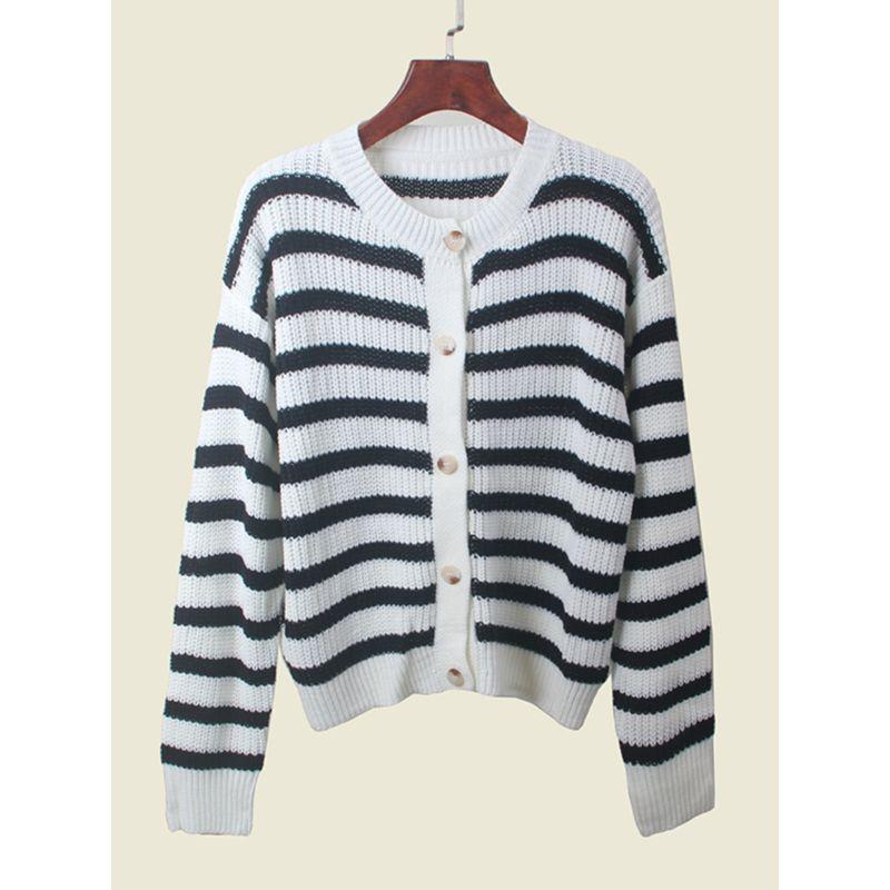 Stripes Contrast Color round Neck Knitting Cardigan Female Soft Glutinous Plaid Sweater Outer Wear Fashion Long Sleeve Top