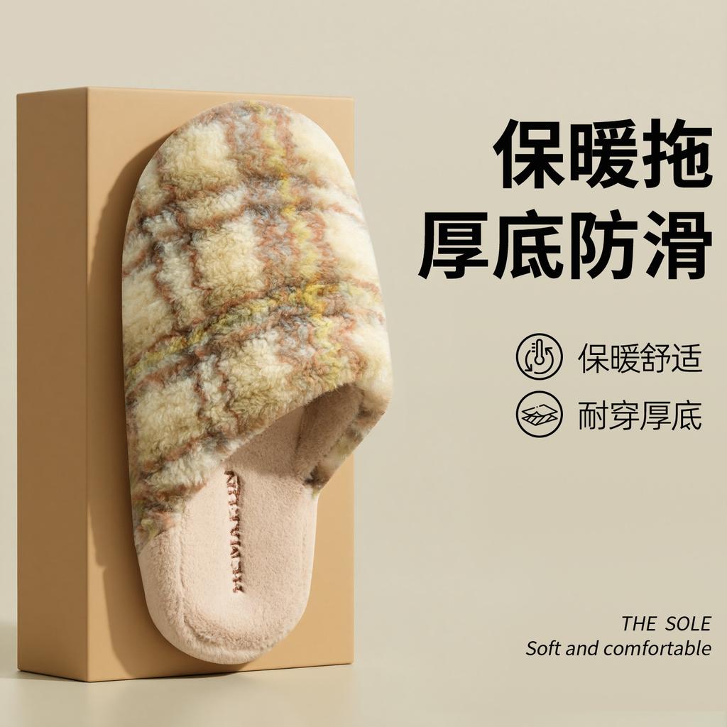 Premium Retro Plaid Cotton Slippers Autumn and Winter Indoor Home Thick Bottom Non-slip Silent Plush Warm Slippers