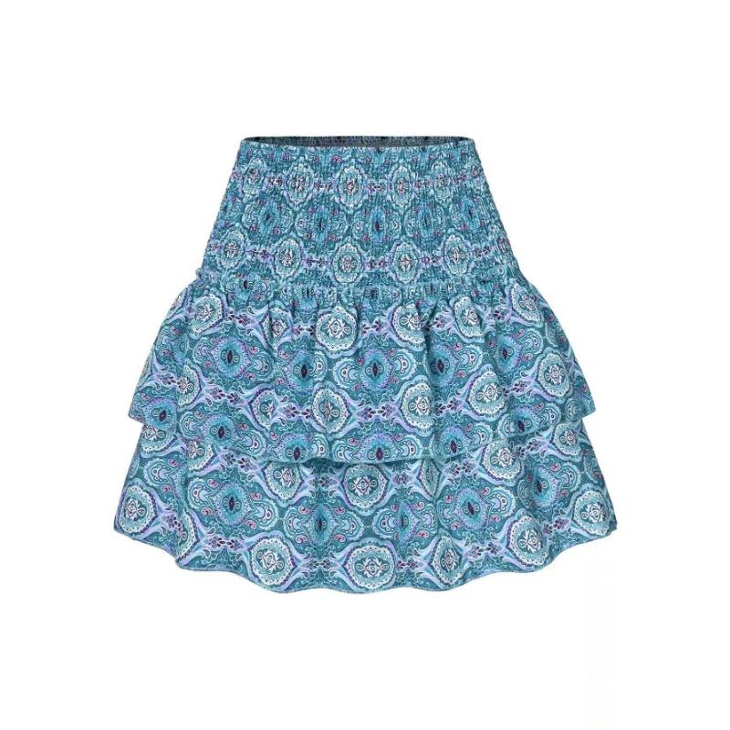 

Плиссированная короткая юбка с цветочным принтом для женщин, винтажная женская мини-юбка с высокой талией и рюшами, женское отпускное богемное платье XS павлин голубой