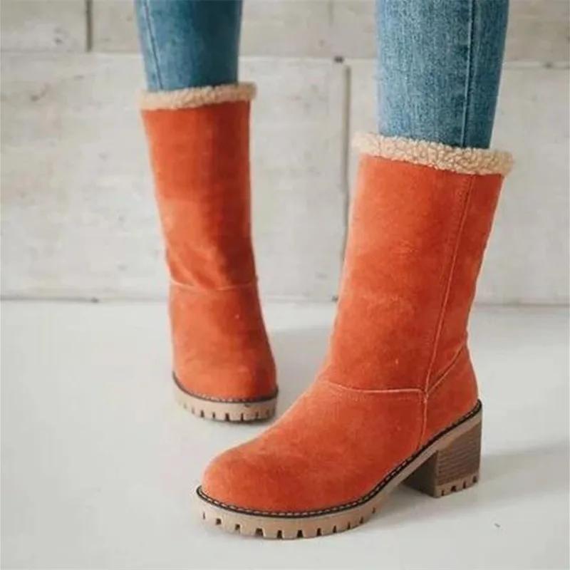 Autumn/Winter Fashion New Casual And Comfortable Round Toe Solid Color Women's Mid-Calf Boots With Velvet Warm Square Heel