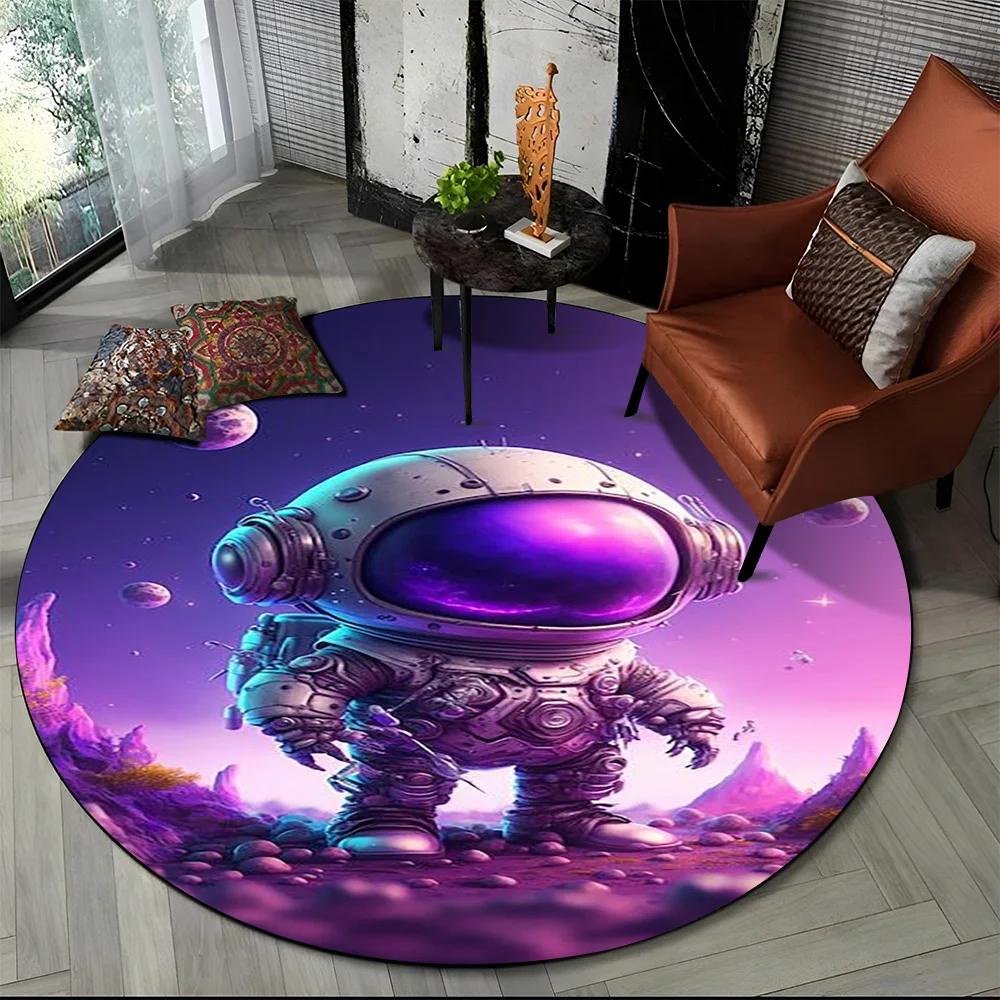 Cartoon Astronaut Round Carpet Universe Outer Space Planet Print Area Rug Anti-Slip Kid Bedroom Nursery Playroom Crawl Floor Mat