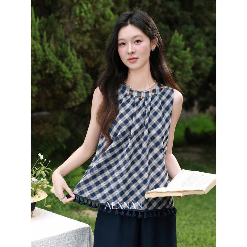 Women s Blue Apricot Plaid Tassel Camisole Top L