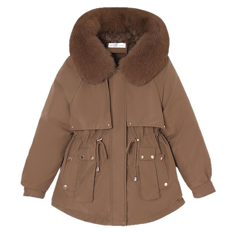 Petite Women's Thickened Down Parka with Fleece, Large Fur Collar, Korean Style, Waist-Cinched Hooded Jacket