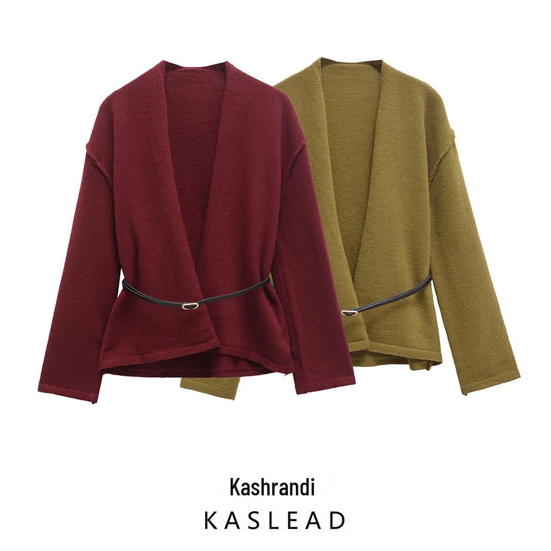 

Winter 2024 Women s European & American Style Long Sleeve V-Neck Belted Knit Jacket Small