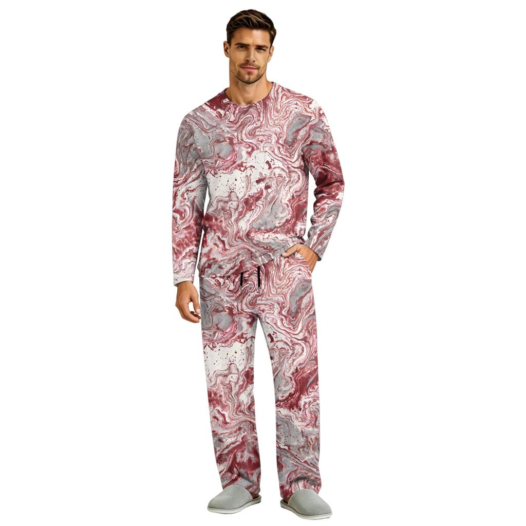 Men's Pajama Set Long Sleeve Top and Long Pants with Button Crotch and Elastic Drawstring Waist for Home Loungewear