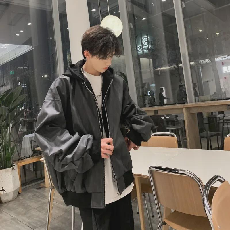 Men's Retro Faux Two-Piece Hooded Leather Jacket - Trendy Spring/Autumn Motorcycle Workwear