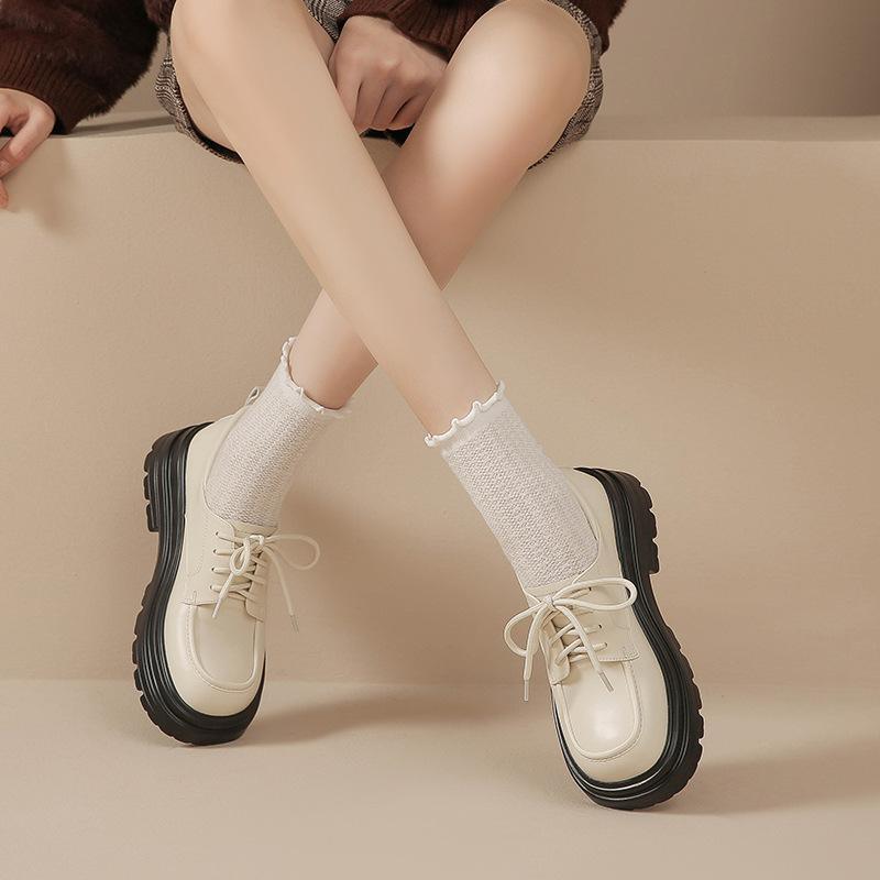 

Genuine leather flat for Huizhou women s shoes Su Yinyin same shoes front lace-up versatile height increase platform small leather shoes 40 абрикосовий