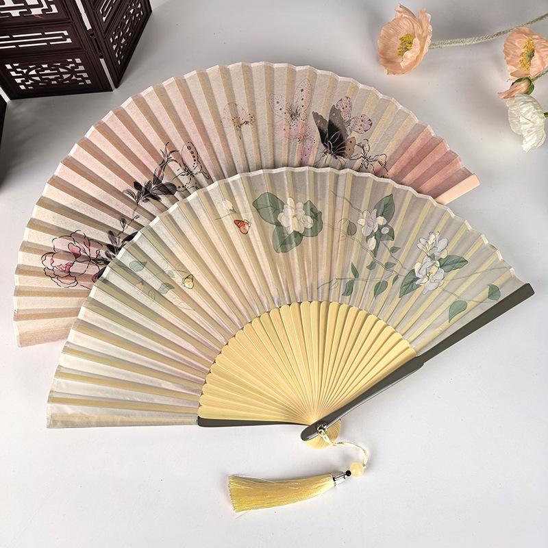 Ventaglio Pieghevole Hanfu Fiore di Gelsomino per Fotografia, Danza e Uso Quotidiano - Ventaglio Verde da Donna