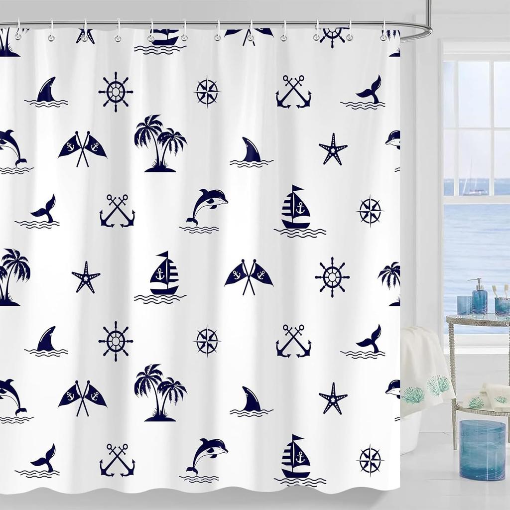 1pc Navy Blue Nautical Shower Curtain for Bathroom, Ocean Beach Sailboat Anchor Shower Curtains Decor