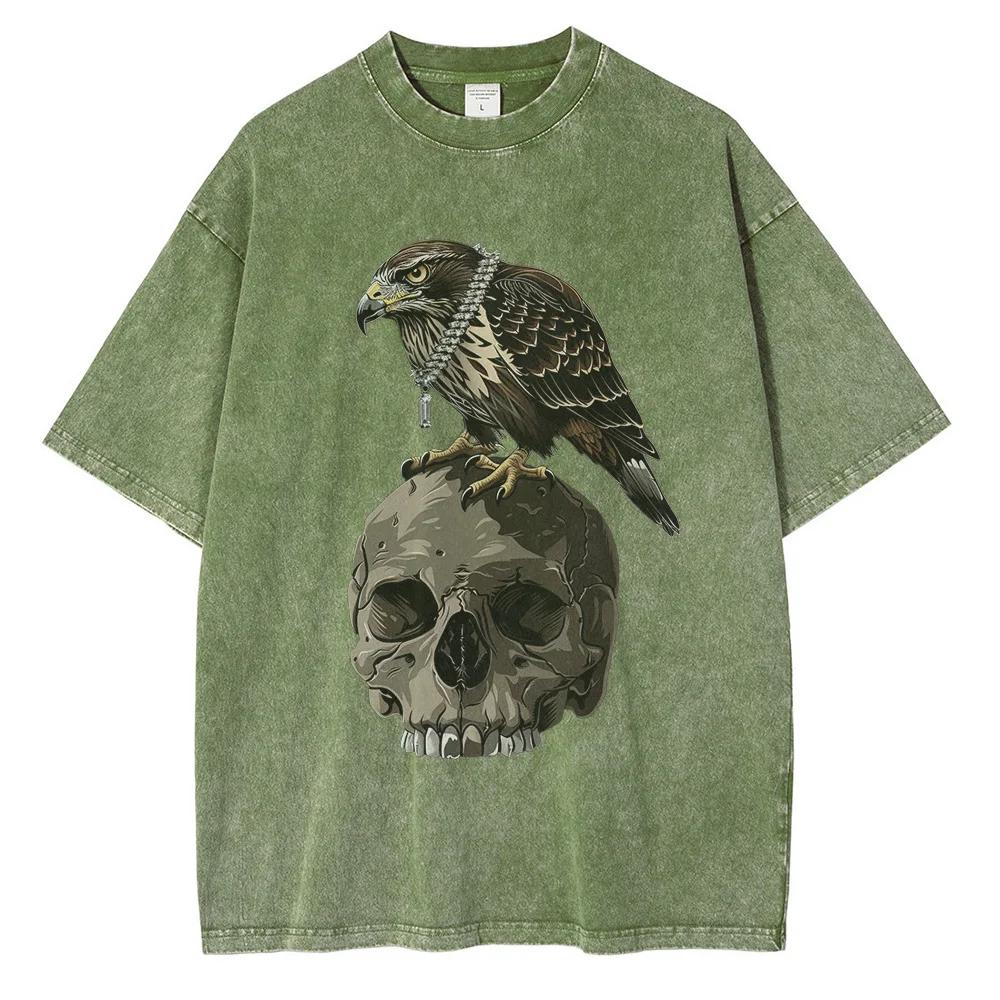 Heavy Cotton Washed T Shirt for Men Eagle on The Skull Printed Graphic T Shirts Drop Shoulder Vintage Oversized T Shirt S разноцветный