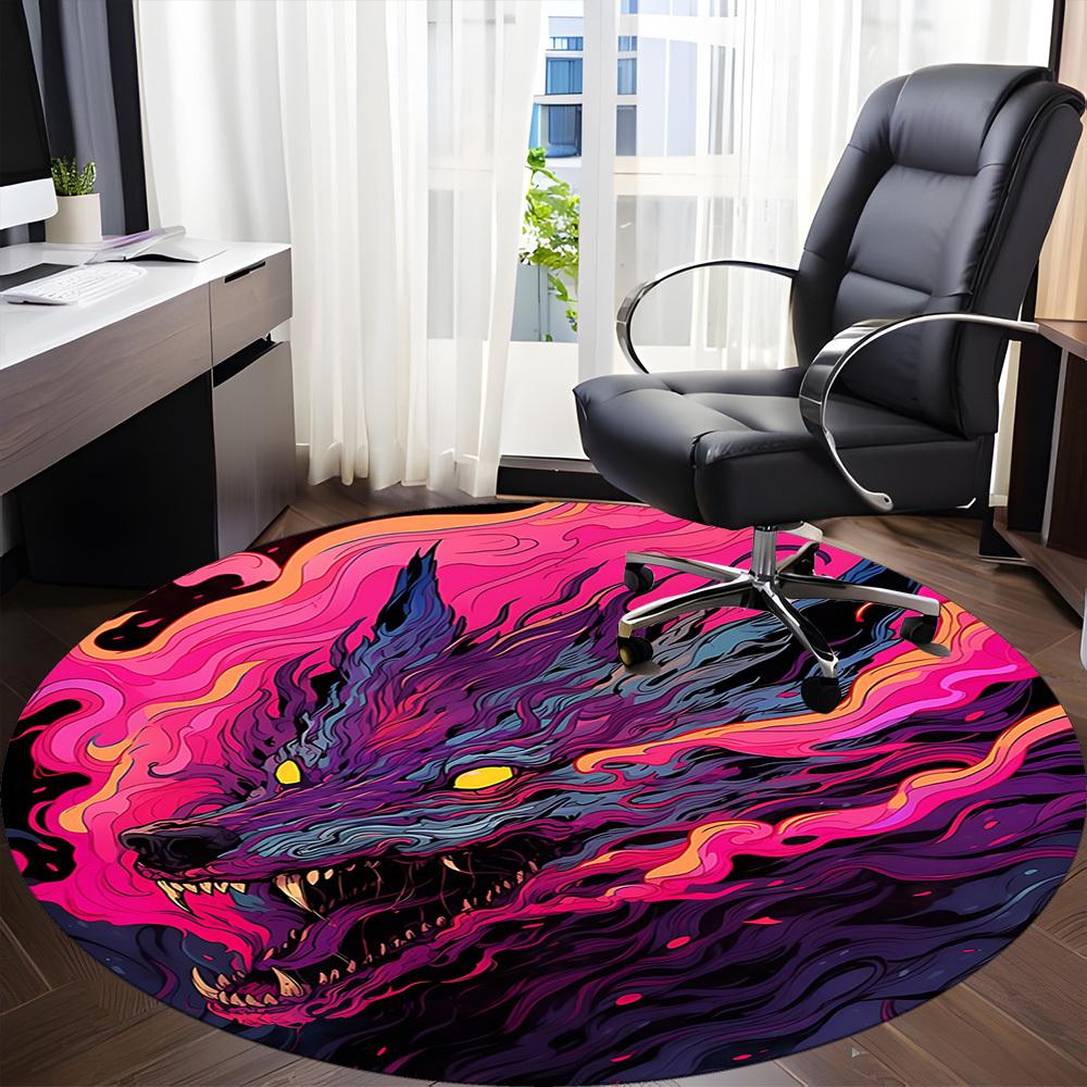 1PC Psychedelic Wolf Lava Office Round Area Rug, Mat Suitable For Office, Under Office Chairs Bedroom Living Room Home Decor, Room Deco