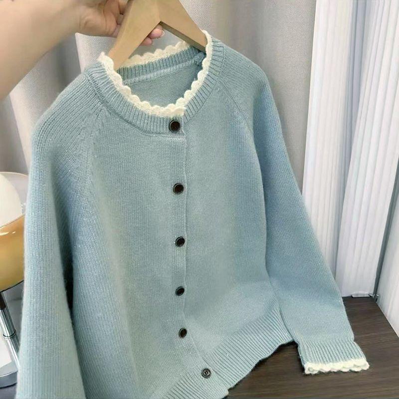 2025 Women's Chic Round Neck Lace Cardigan - Loose Knit, Fashionable and Age-Reducing