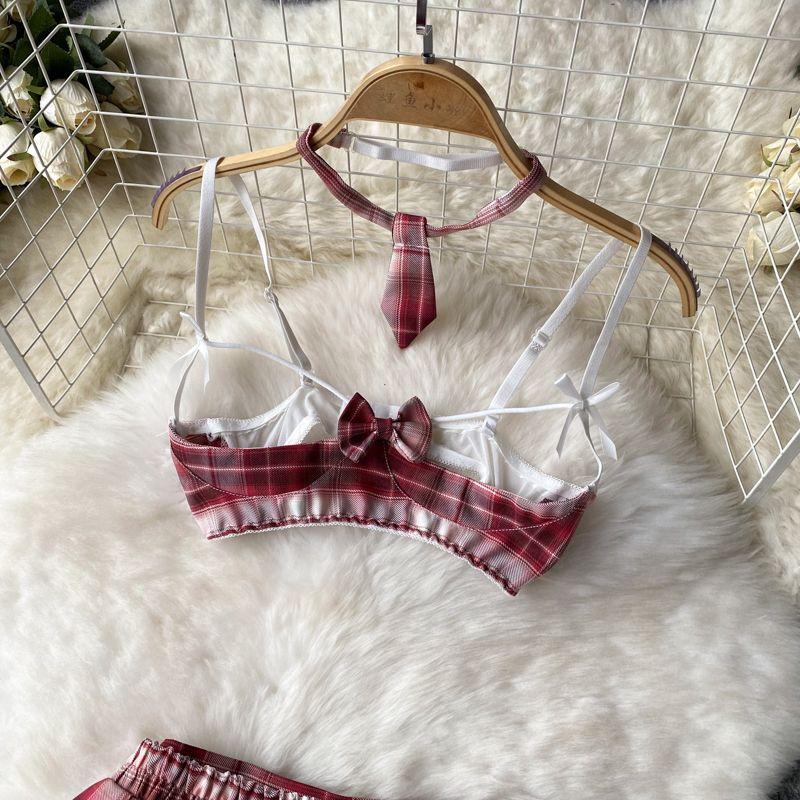 Cute Hollow Bra Plaid Miniskirt Roleplay Student Uniform Temptation Women Cosplay Schoolgirl Costumes Couples Sexy Home Clothing