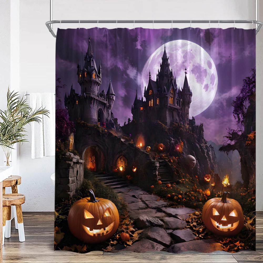 Haunted House Halloween Shower Curtain Full Moon Night Graveyard Pumpkin Lantern Gothic Castle Bathroom Decor Retro Bath Curtain
