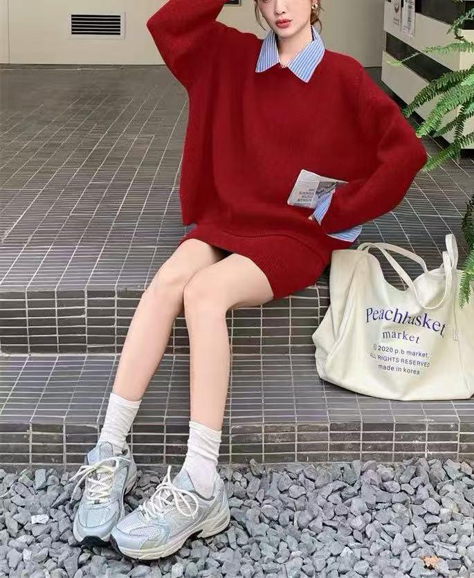 Women's Color Block Two-Piece Shirt Collar Sweater - Lazy Style Autumn Grey Knitwear Set