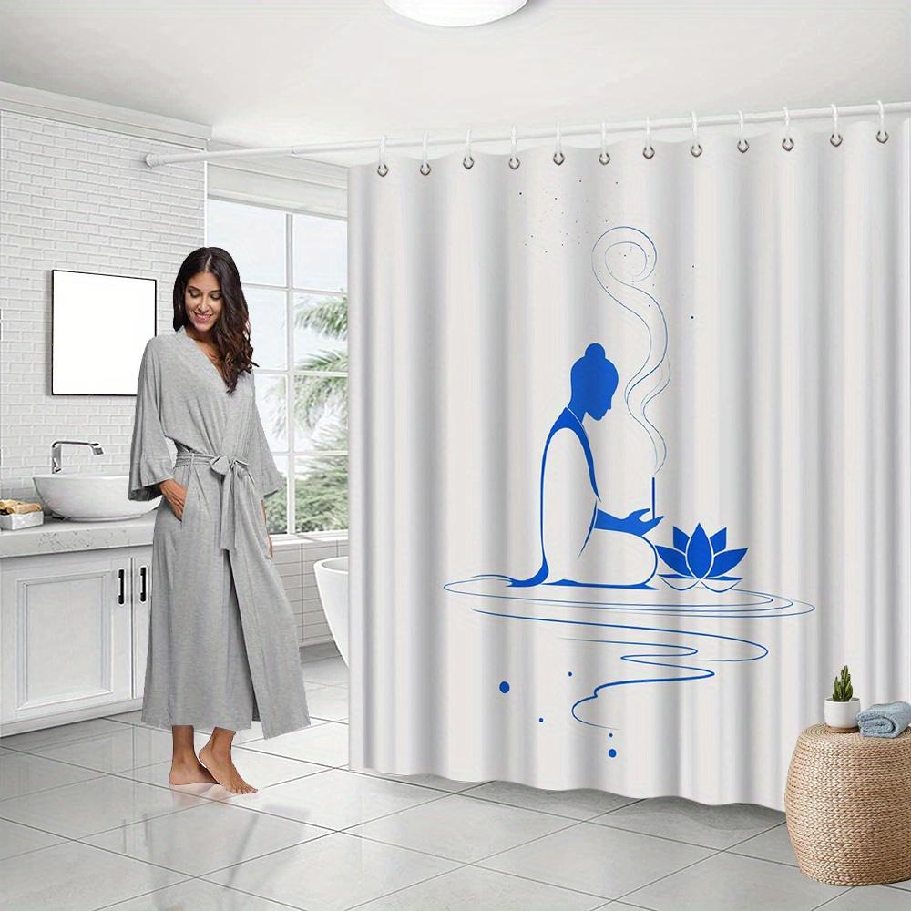 Meditative Pose Shower Curtain, Blue Monochrome Lotus Flower Design, Reflective Calm Theme, Fade-Resistant, Stylish Bath Decor