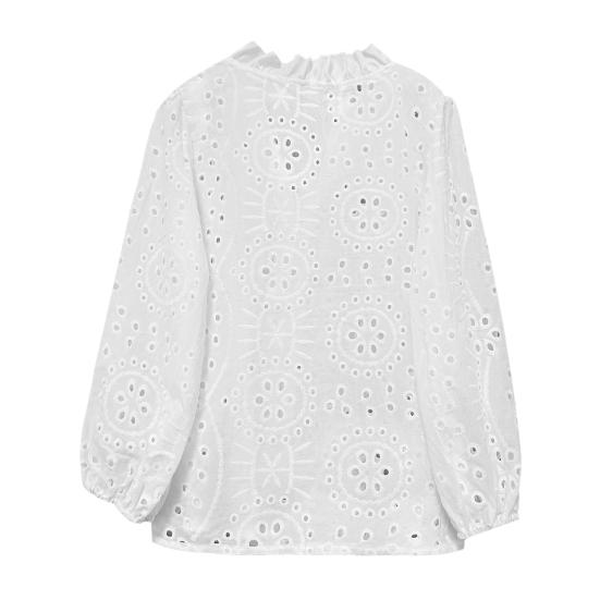 Women Shirt V-Neck Lantern Long Sleeve Single Breasted Shirt Tops Ruffle Details Hollow Design Casual Shirt