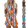 Women's Strapless Tube Top Elastic Waist Abstract Print Short Romper Casual Pocket Jumpsuit