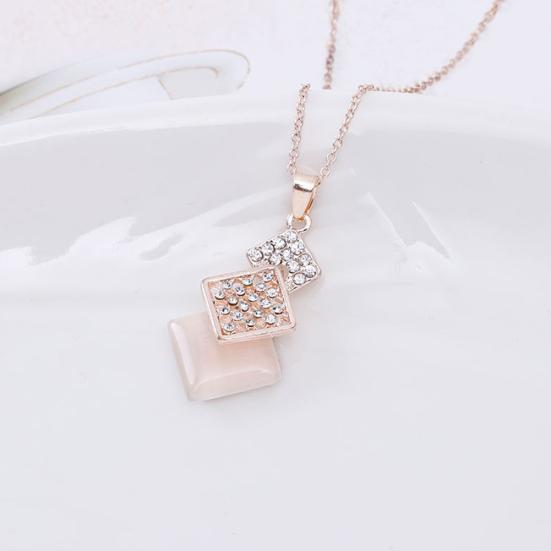 Women Opal Squares Rhinestone Chain Necklace Shape Pendant Earrings Jewelry Set