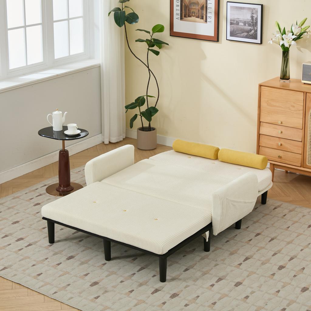 Ivory-Colored Corduroy Loveseat Sofa for the Living Room, as Daybed and Recliner with Storage Space.