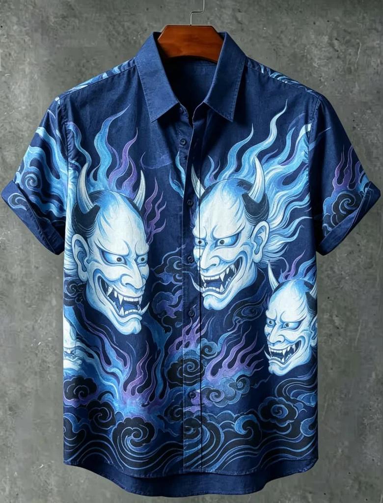 Chinese Dragon Print Short Sleeve Casual Button-Up Shirt