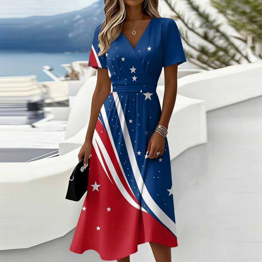 Women's Independence Day Print Casual Fashion Short Sleeve V-Neck Dress
