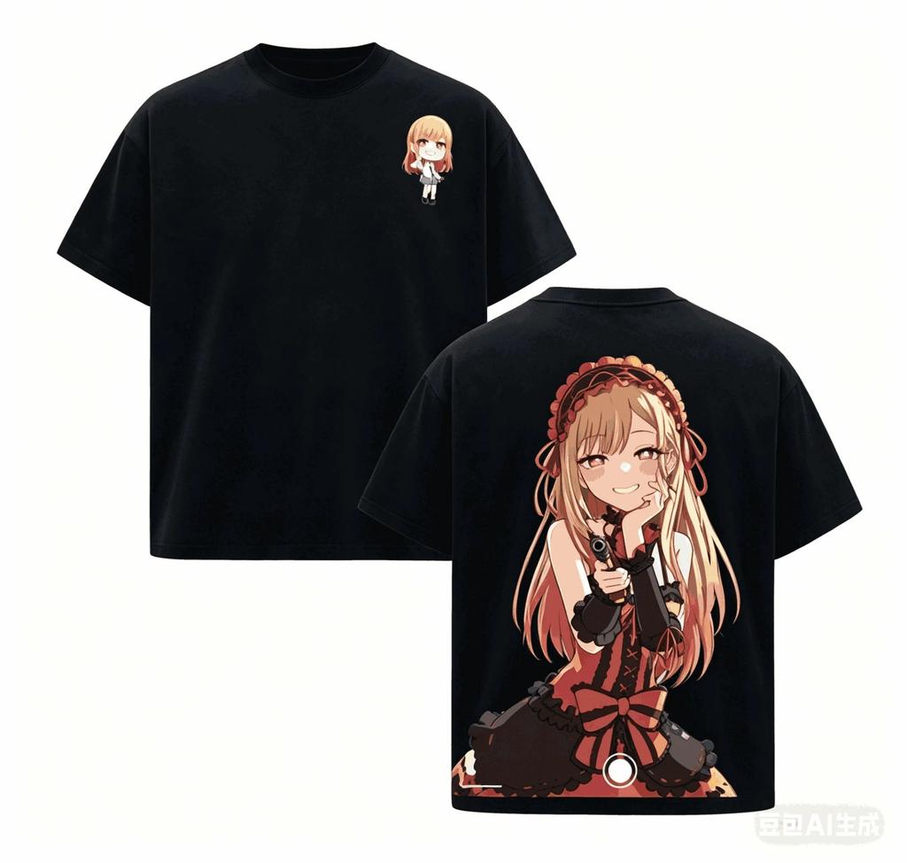 Stylish Black Anime Girl Double-Sided Print Casual Cotton Short-Sleeve Comfort Fahion T-Shirt