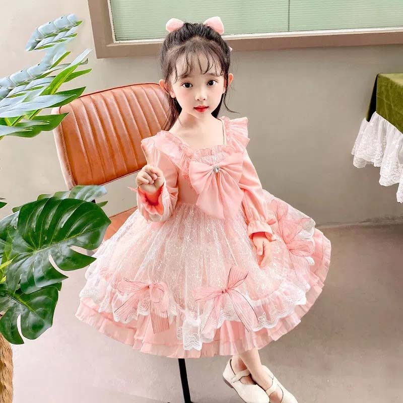Lolita Girls Princess Dress Spring Autumn Children's Long Sleeve Pink Dress Lace Bow Decoration Sweet A-line Skirt Fairy Set