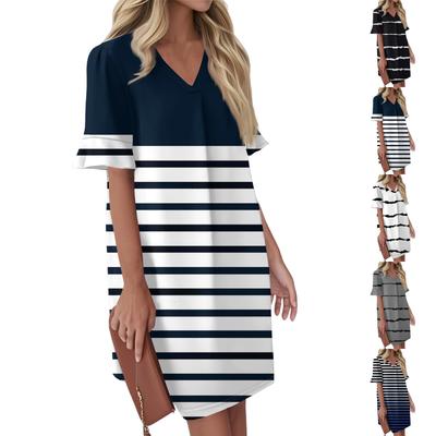Women's Summer Striped Print Dress Pleated Short Sleeve V Tie Pocket Casual Dress