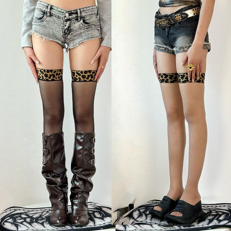 1/2 Pairs Leopard Knee High Thigh Stockings Women Autumn Splicing Sheer Silicone Anti-slip Thigh High Socks Women's Stockings