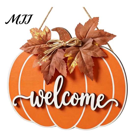 Fall Harvest Theme Ornaments Wooden Pumpkin Welcome Sign for Front Door, Rustic Hanging Pendant with Outdoor Seasonal Entryway Ornament 3D Embossed