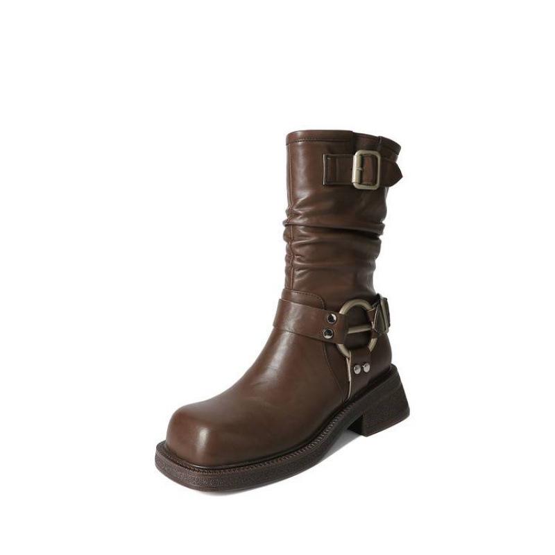 Autumn and winter medium heel large size women's boots solid color side zipper women's leather boots leather knight boots new cowhide low boots