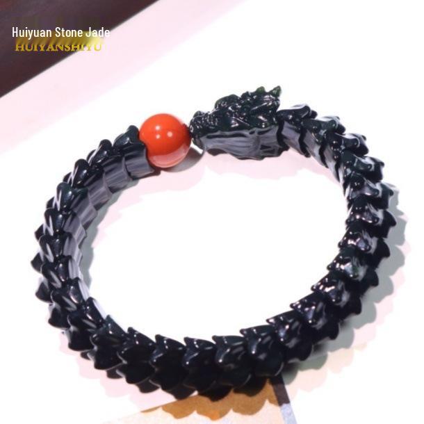 Prachtig Gesneden Jade Draak Armband: Natuurlijke Hetian Groene & Zwarte Schapenvet Jade met Inkt Jade Accenten