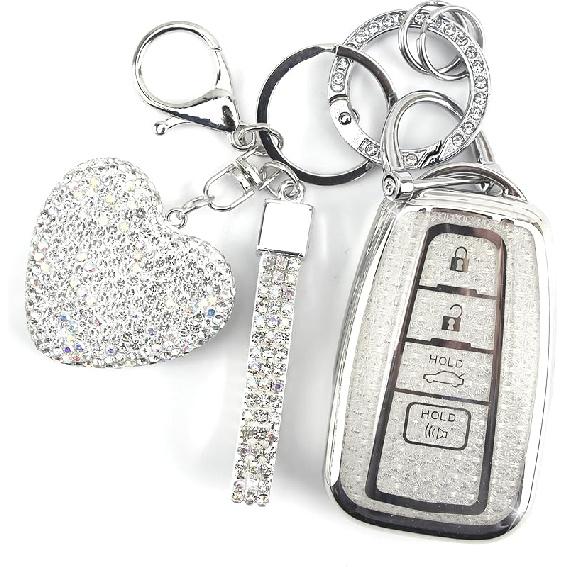 Key Fob Cover with Diamond Keychain Car Key Holder Compatible with Toyota 2018-2024 Highlander RAV4 Camry Avalon C-HR Corolla GT86 Smart Key