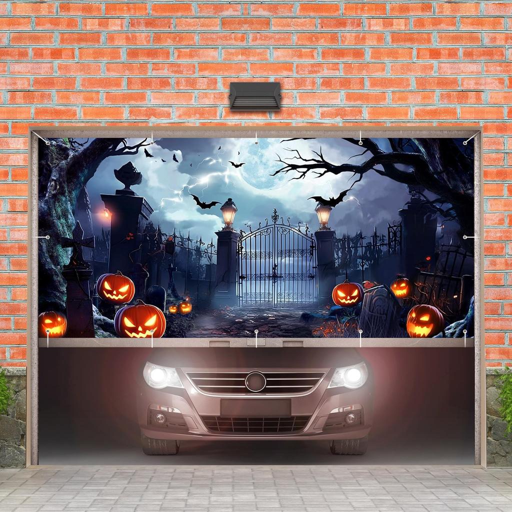Preboun Halloween Garage Door Banner Large Hanging Backdrop Door Cover Hallo...