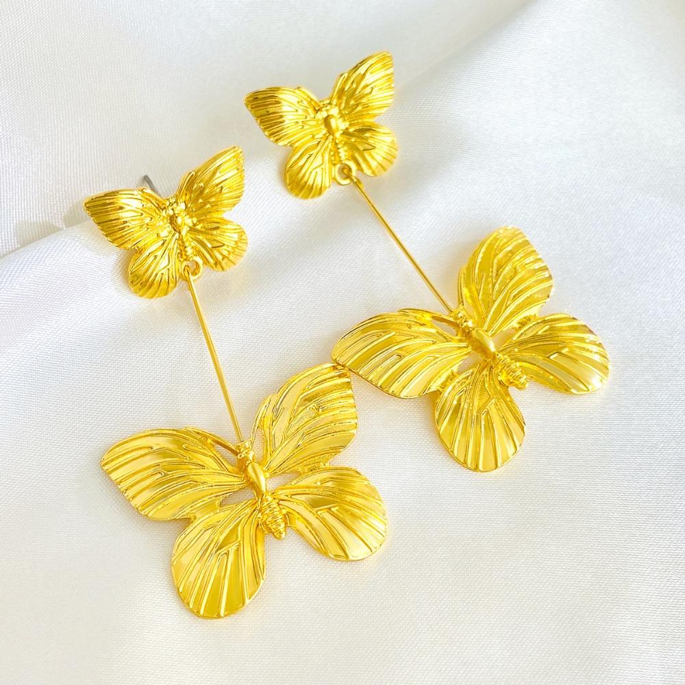

Vintage Golden Double Butterfly Tassel Earrings, Exquisite Fairy Pendant Dangle Earrings