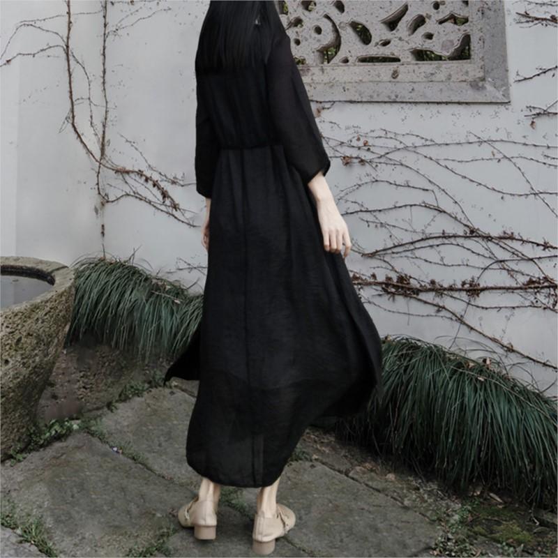 Johnature Woman Autumn Solid Color V-Neck Retro Dress Loose Chinese Style Casual Vintage Style Dress