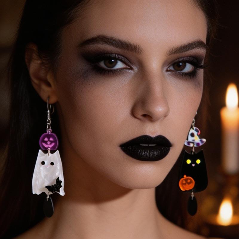 1PAIR popular Halloween black and white ghost pumpkin bat acrylic earrings funny niche design creative earrings