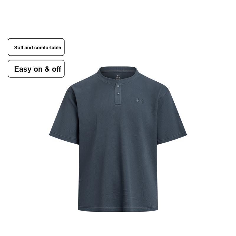 Under Armour Waffle Henley Logo Drop Shoulder Breathable T-Shirt Men Tops Storm-Gray 6007562-044