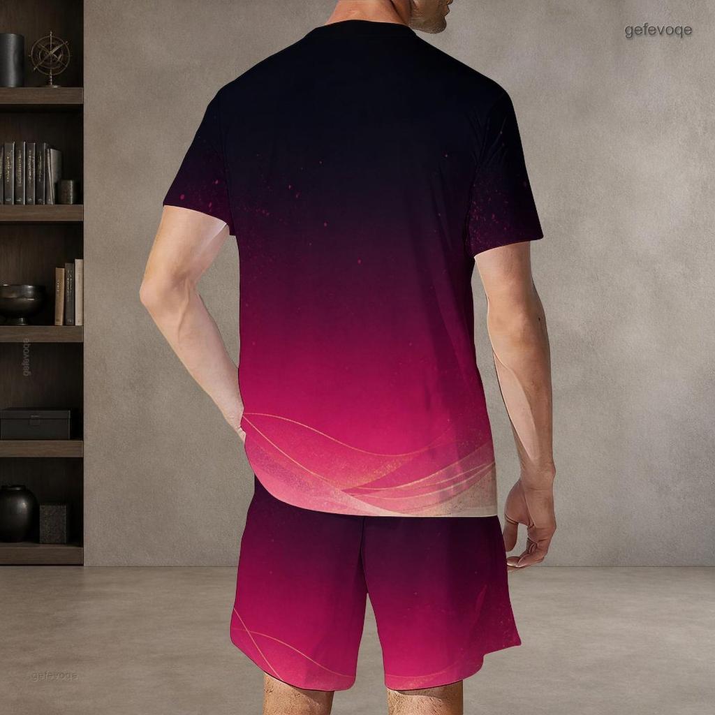 Herren Plus Size Rotes Schwarzes Bedrucktes Rundhals-Kurzarm-Oberteil Mit Taschen Zweiteiliges Shorts-Set
