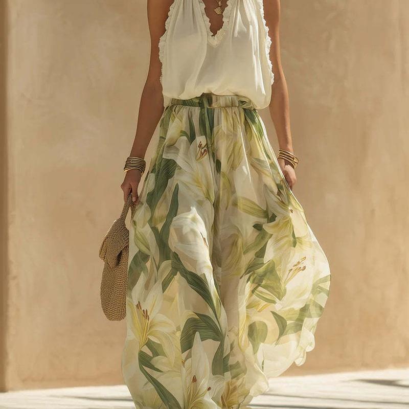 Spring V-Neck Ruffle Elegant Maxi Dress Women Clothing L