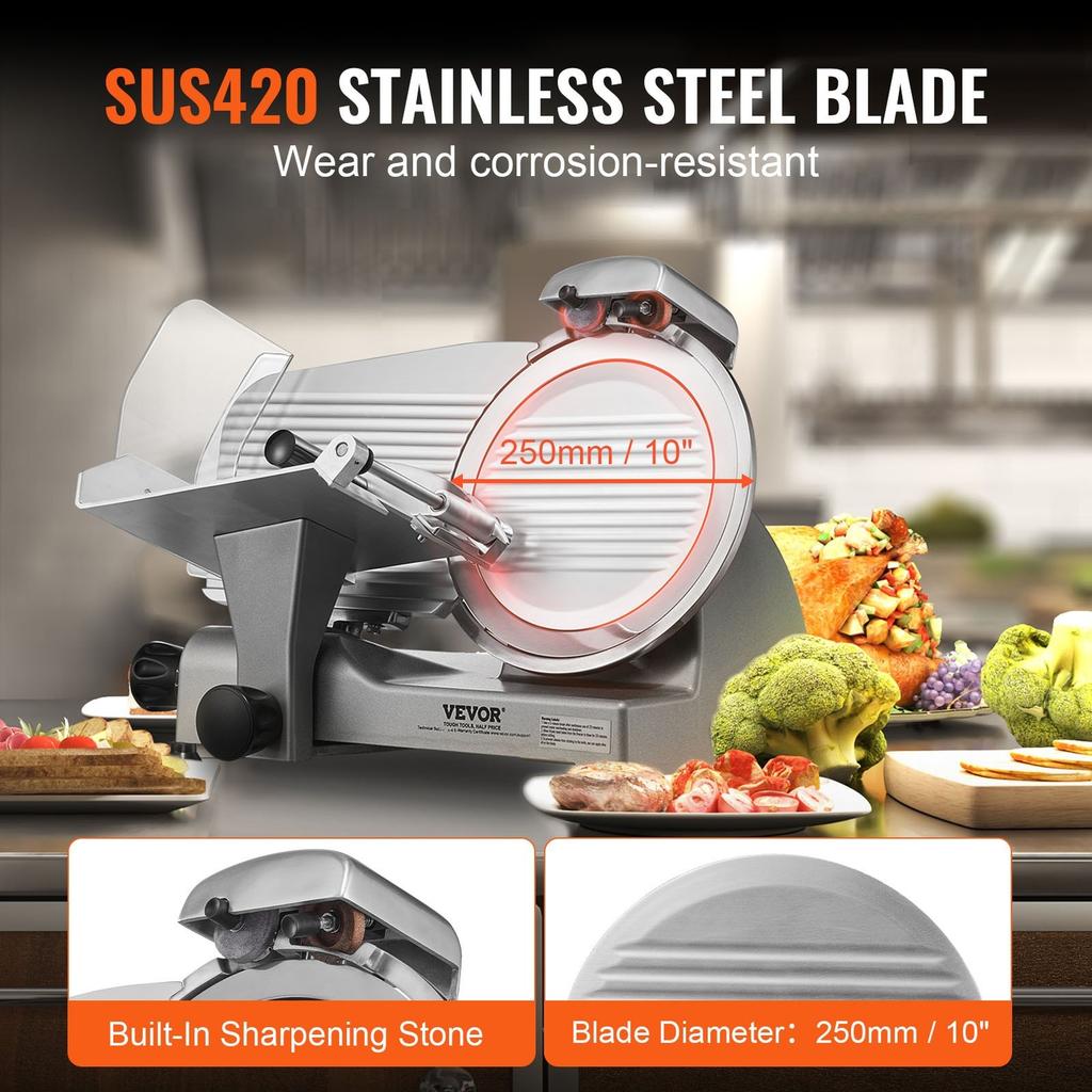 Meat Slicer, 340W Electric Deli Food Slicer with 10" SUS420 Stainless Steel Blade and Built-in Sharpening Stone, 0-0.6 Inch Adjustable Thickness for