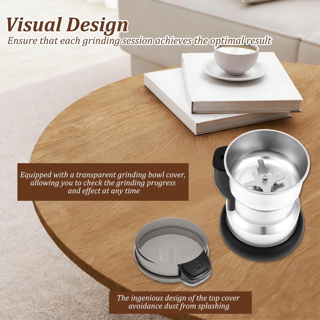 Electric Coffee Grinder 300W One Press Coffee Mill Grinder with Stainless Steel Blades Transparent Lid Portable for Beans Spice