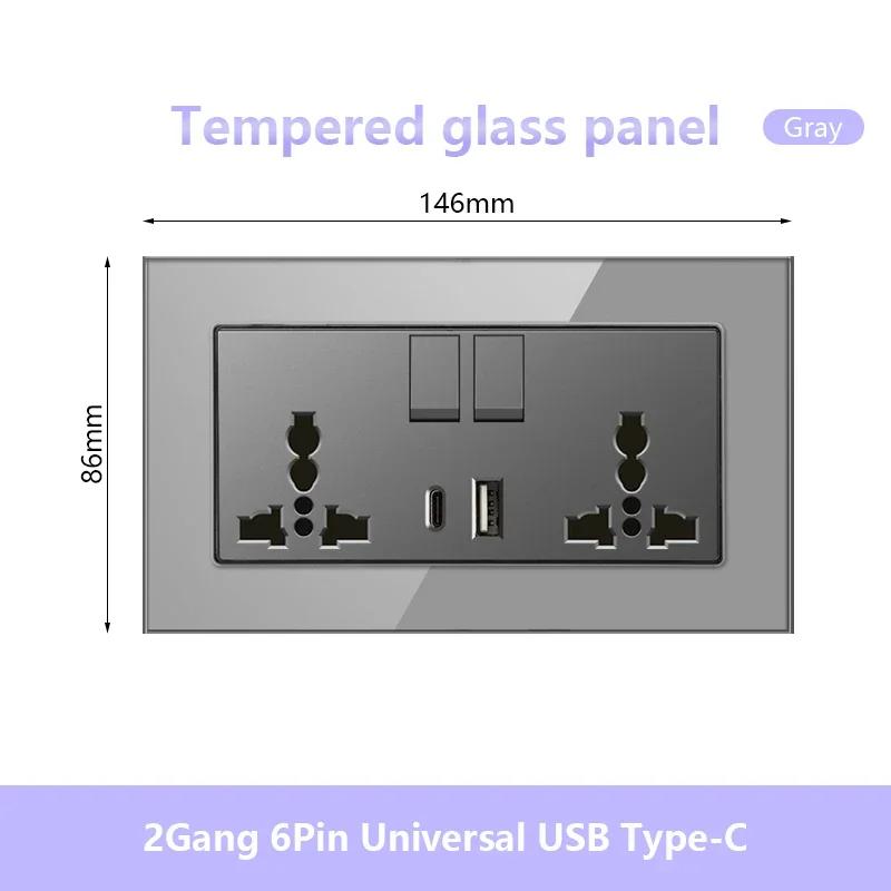 UK 13A 220V Dual Outlet with 18W Type-C Quick Charge,1/2 Way Light Switch Panel, Tempered Glass Surface,Wall Socket for TV/Phone
