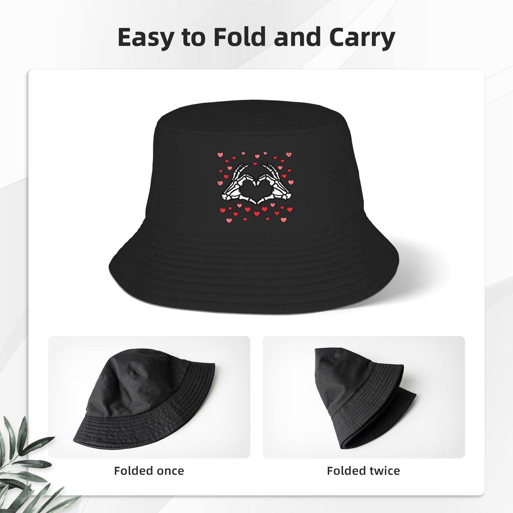 Couple Valentines Day Skeleton Hand Heart Bucket Hat Soft Fold Fisherman Hats Summer Beach Travel Caps Hawaii Design Sun Hat