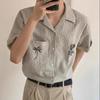 Embroidered Striped Short Sleeve Shirt Men Korean Style Collar Casual Loose Top